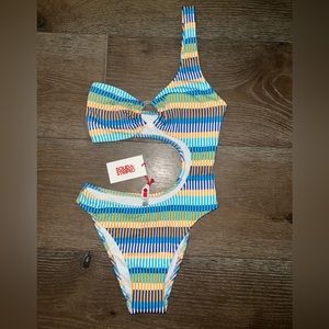 Solid & Striped One shoulder, Full-piece swimsuit w cutout, blue & yellow (NWT)